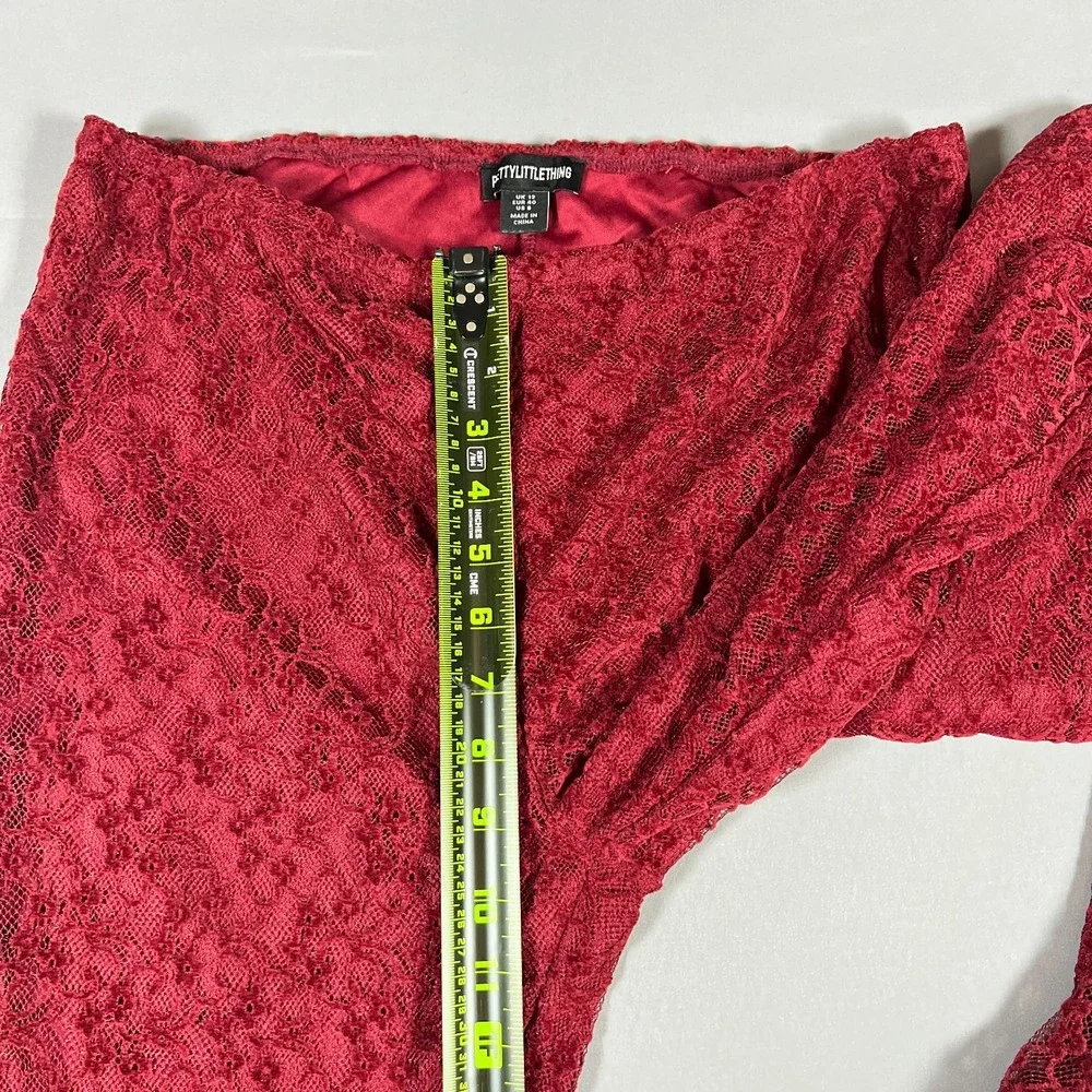 Pretty Little Thing Sheer Lace Flared Leg Pants Womens 8 Maroon High Waisted